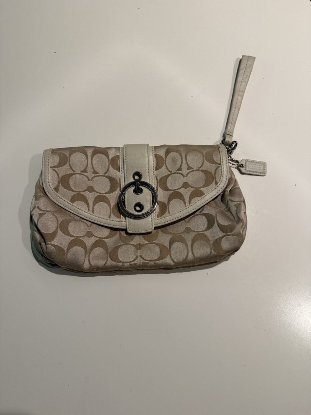 Coach Jacquard Buckle Wristlet Signature C Y2K Tan Ivory Bag 9.5” X 6”